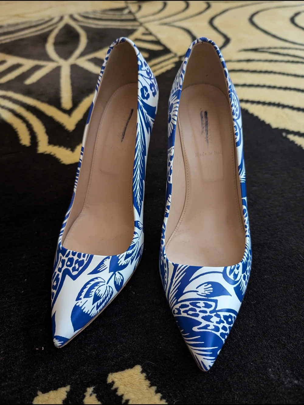 J. Crew Blue and White Floral Pointed-Toe Leather Pumps